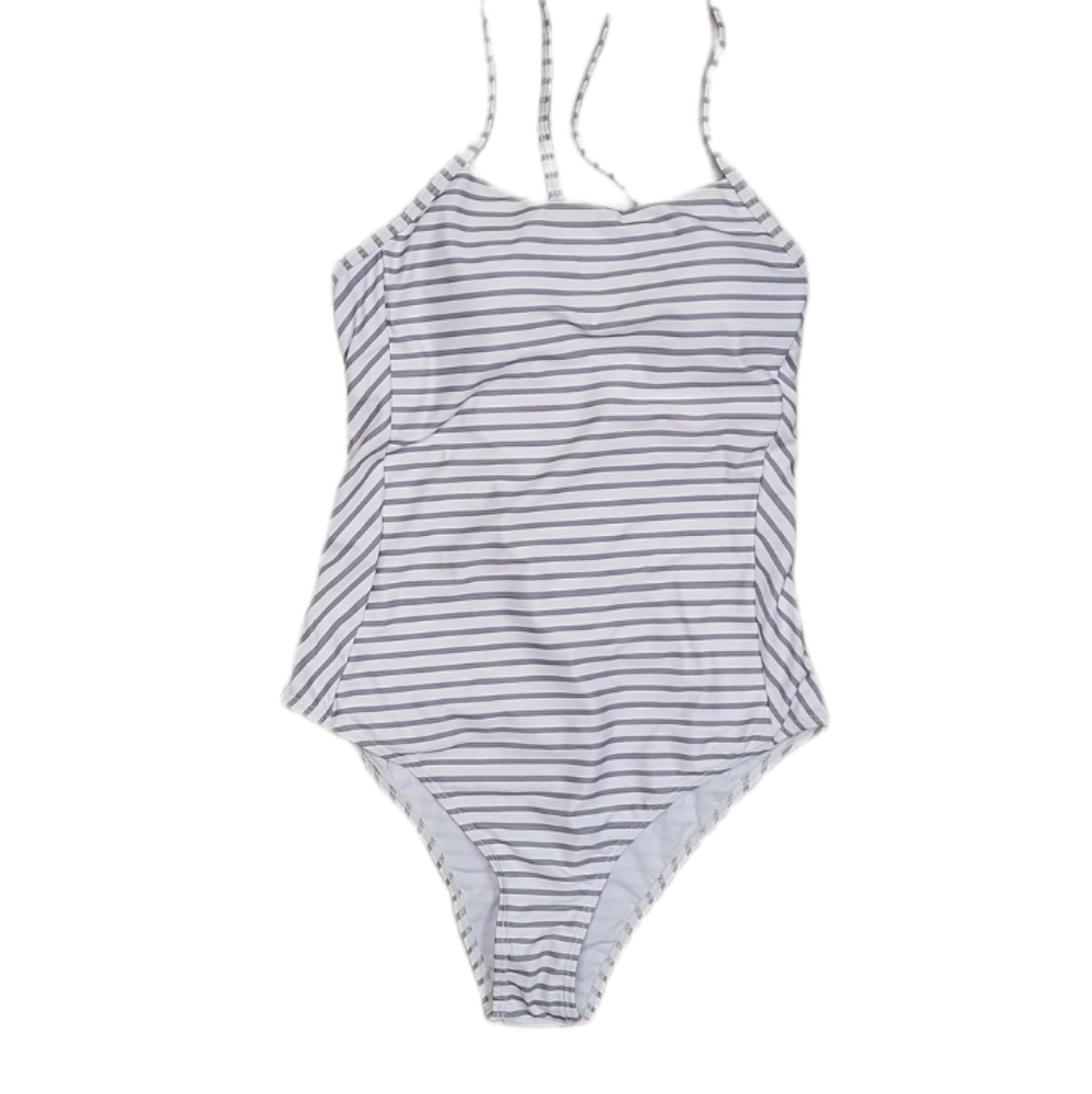 Ladies Medium gray and white striped one piece swim suit with lace up back NWOT